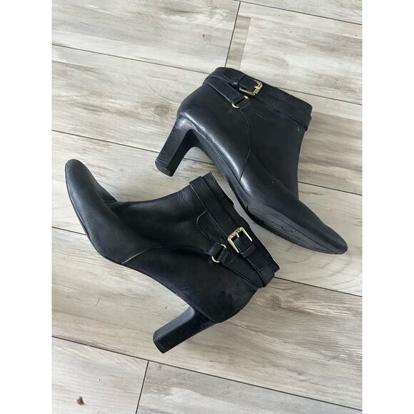 Lauren Ralph Lauren Boots 8 Black Nara Ankle Booties Heeled Leather Office Twee - Picture 1 of 10